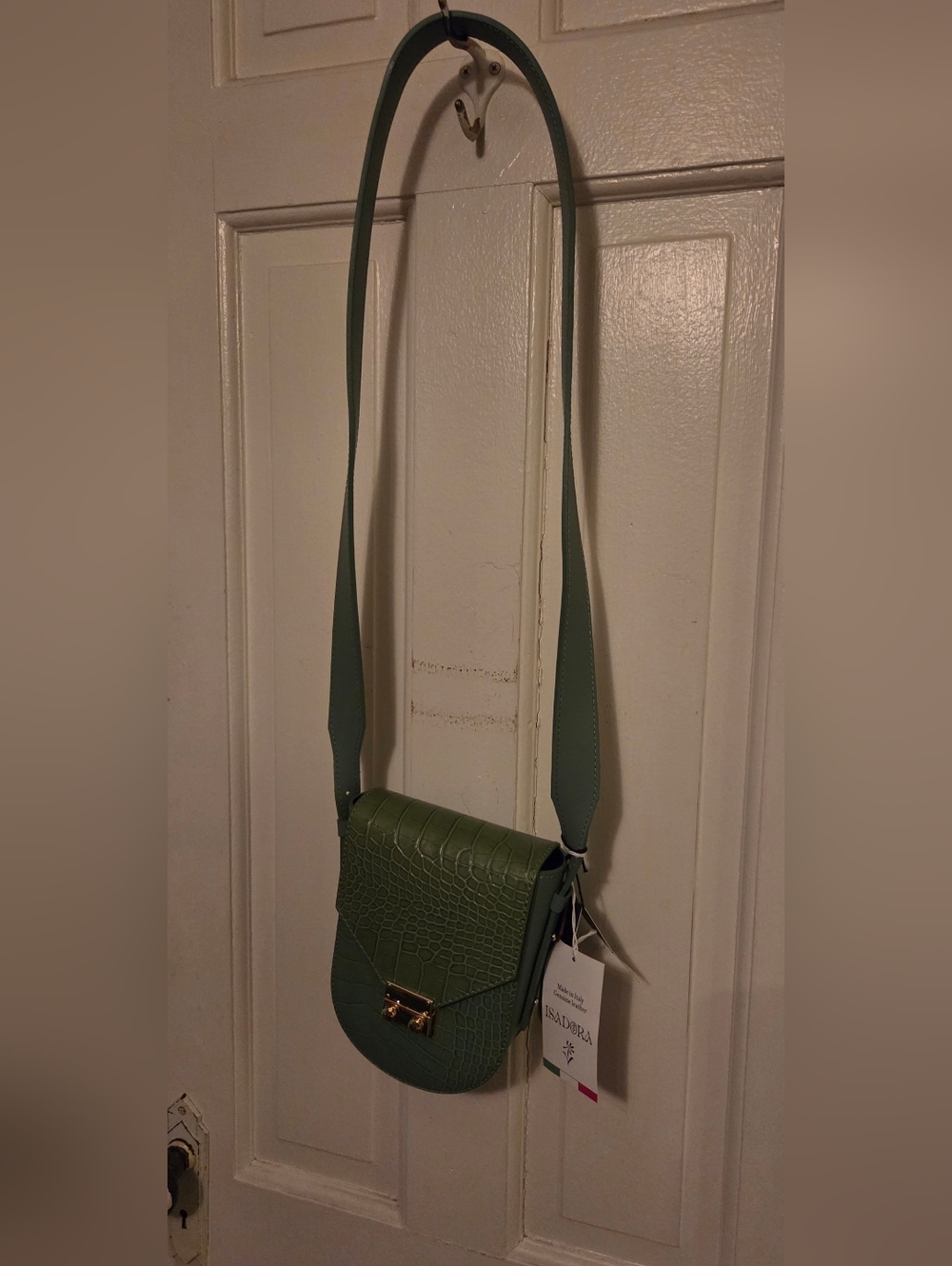 Isadora Italian Made Green Croc-Embossed Leather  Crossbody Bag